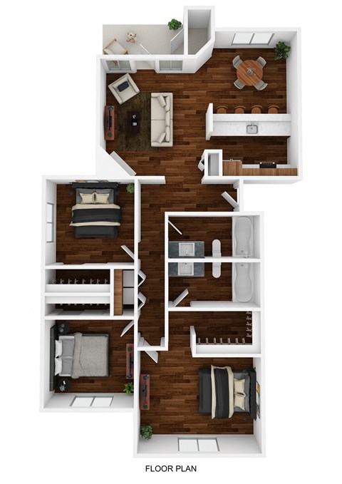 Floor plan for 3 beds, 2 baths, 1164 sqft
